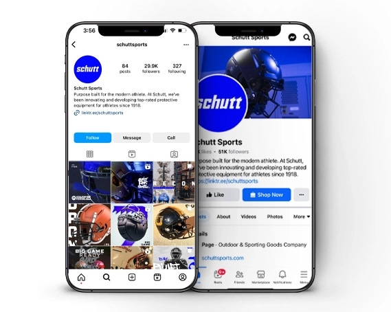 schutt sports instagram and facebook mocked up on two phones