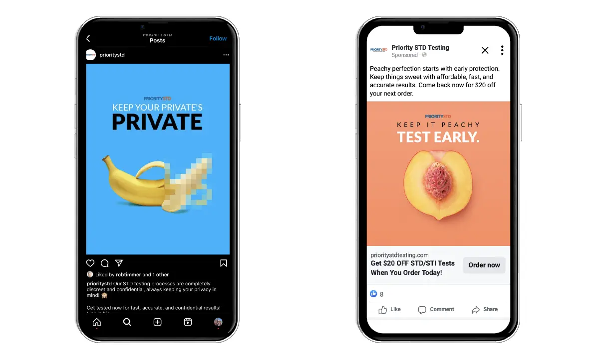 priority std social media ads mocked up on iphones to display humor on social media 