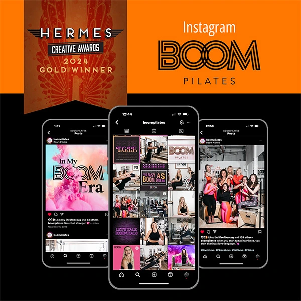 graphic displaying boom pilates instagram next to the hermes logo and boom logo