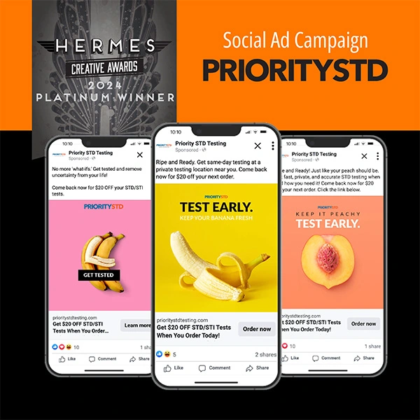 graphic displaying priority std facebook ads next to the hermes logo and priority std logo