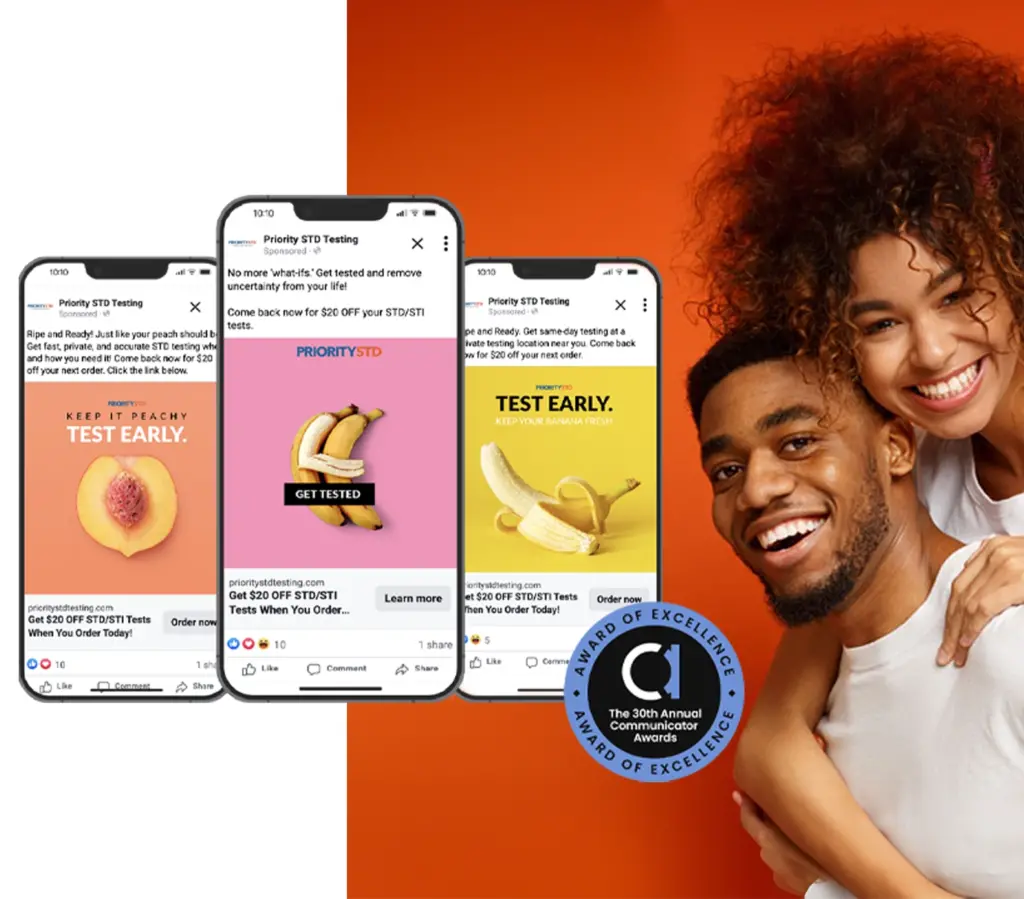 priority std social ads mocked up on three phones next to communicator award logo and a couple