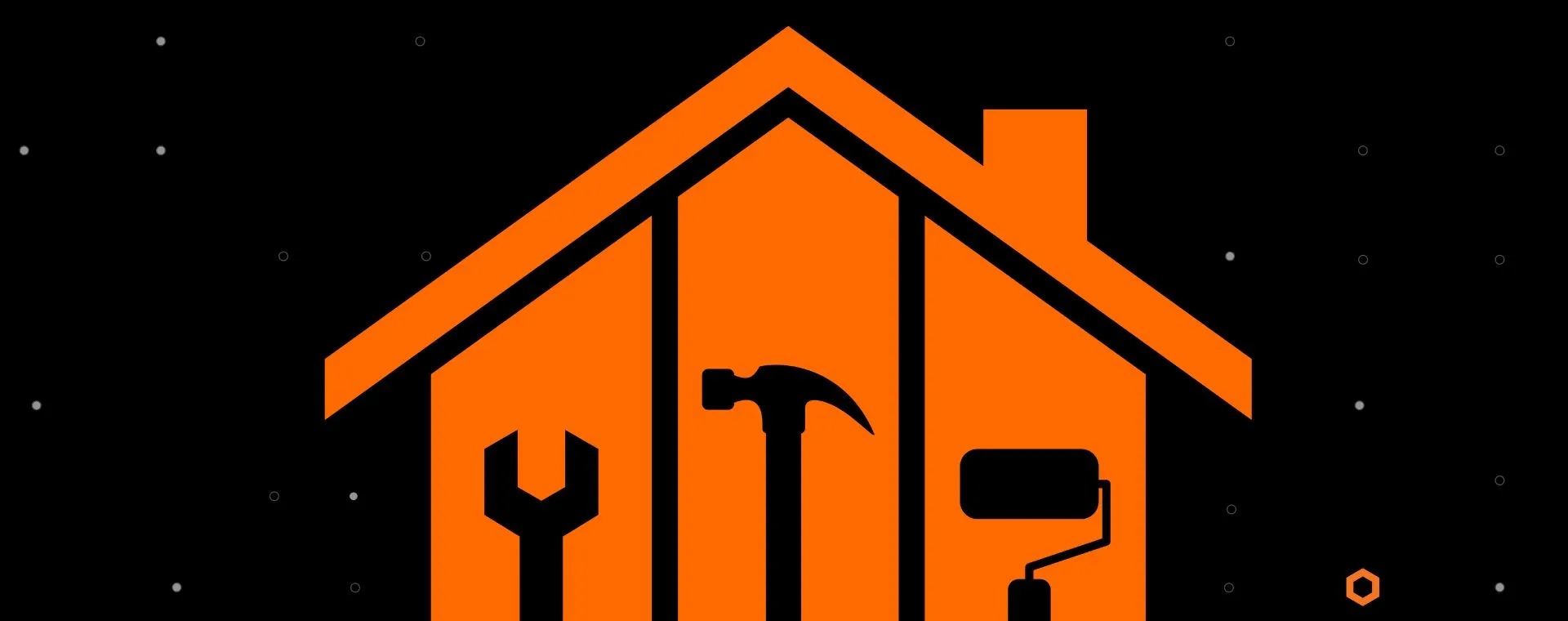 orange cartoon house with wrench, hammer, and paint brush