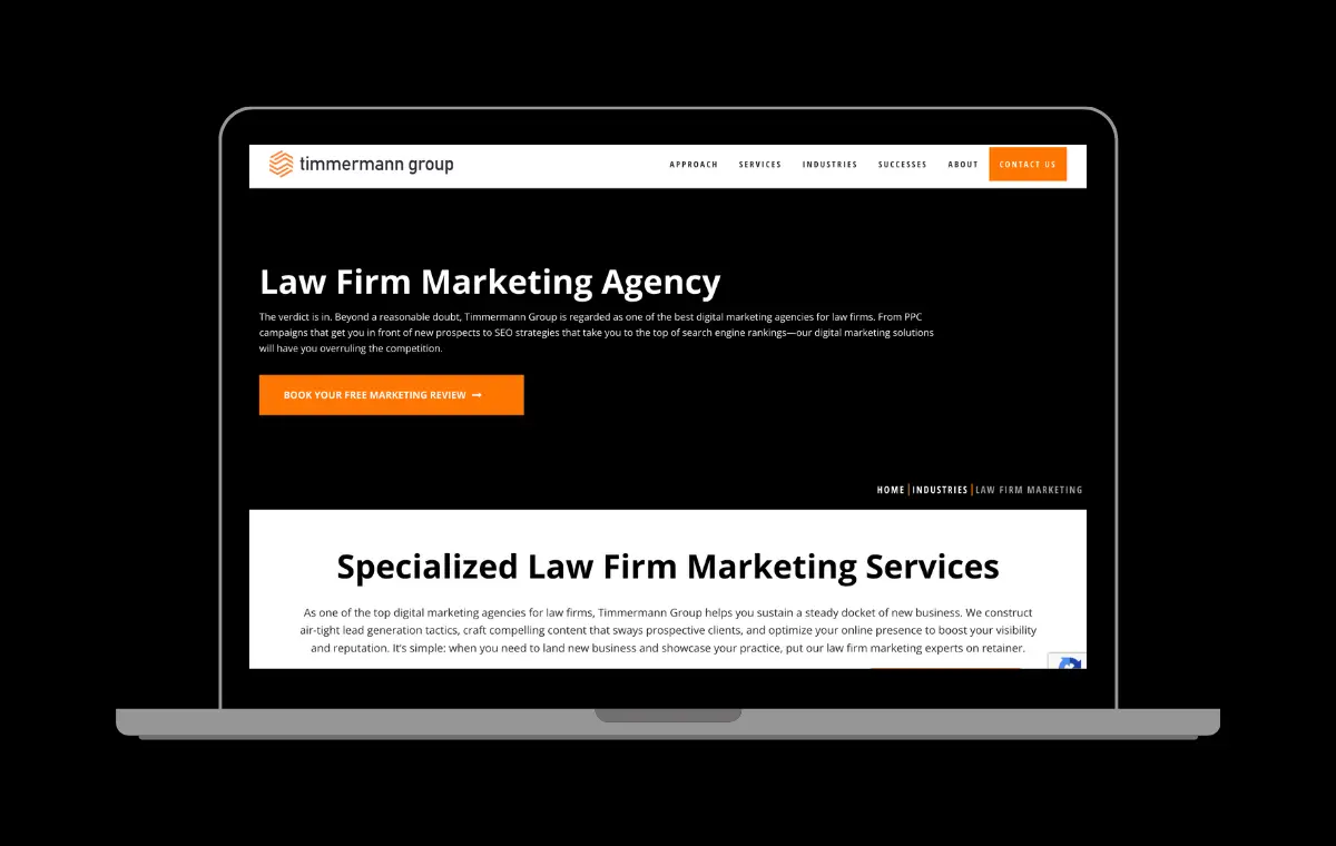 timmermann group law firm marketing agency page mocked up on a laptop 