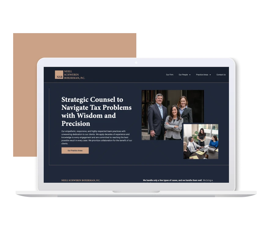 Homepage design mockup for Neill Schwerin Boxerman, P.C., displayed on a laptop screen, emphasizing strategic counsel for tax problems with a clean and modern web design."