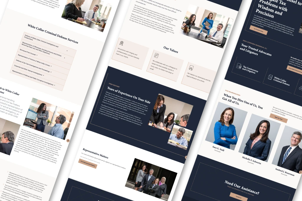 A set of web pages from the Neill Schwerin Boxerman, P.C. website, featuring a well-organized layout with clear sections, demonstrating user-friendly navigation and professional branding.