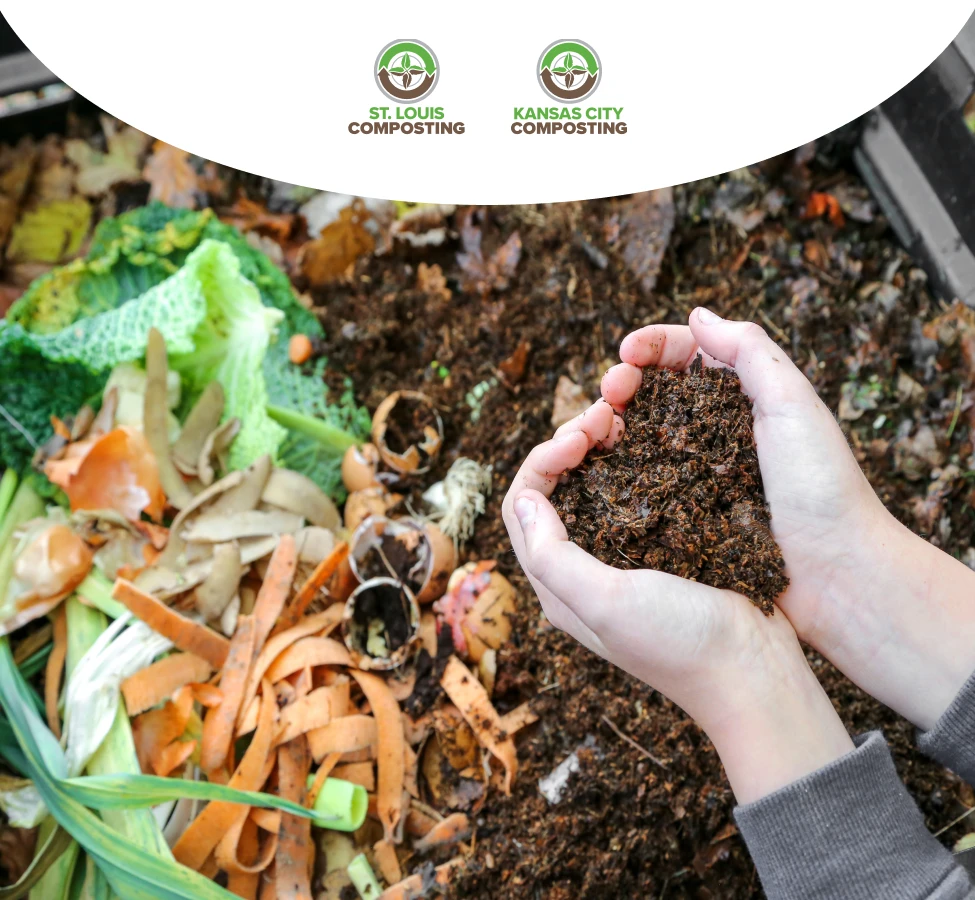 a person holding mulch next to kc and stl composting logos