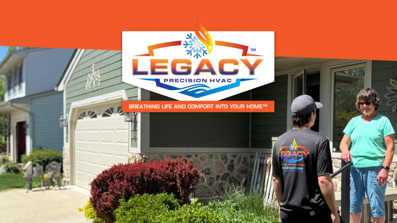 legacy home services logo above a legacy employee helping a customer