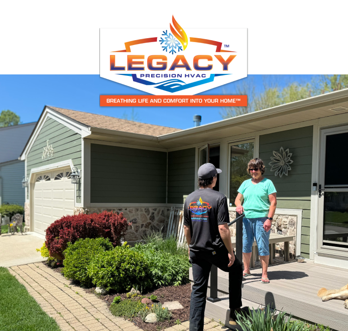 legacy home services logo above a legacy employee helping a customer