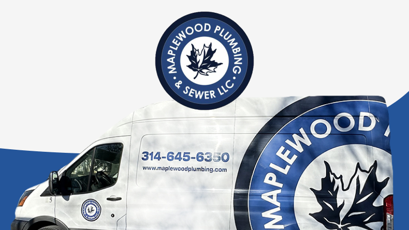 Maplewood Plumbing van with logo floating above