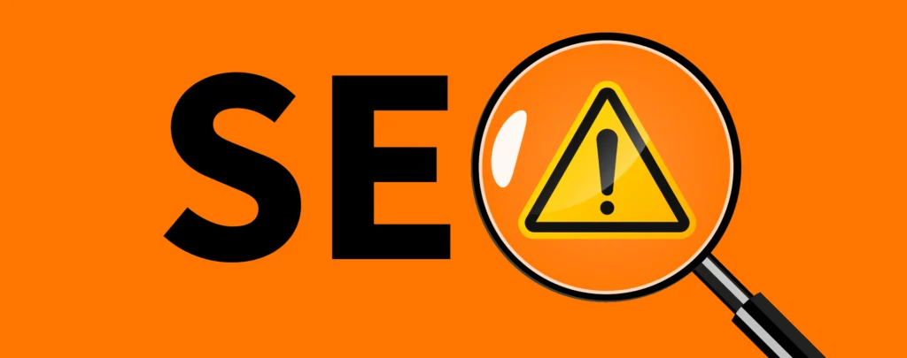 SEO with a magnifying glass as the O, highlighting a caution sign.